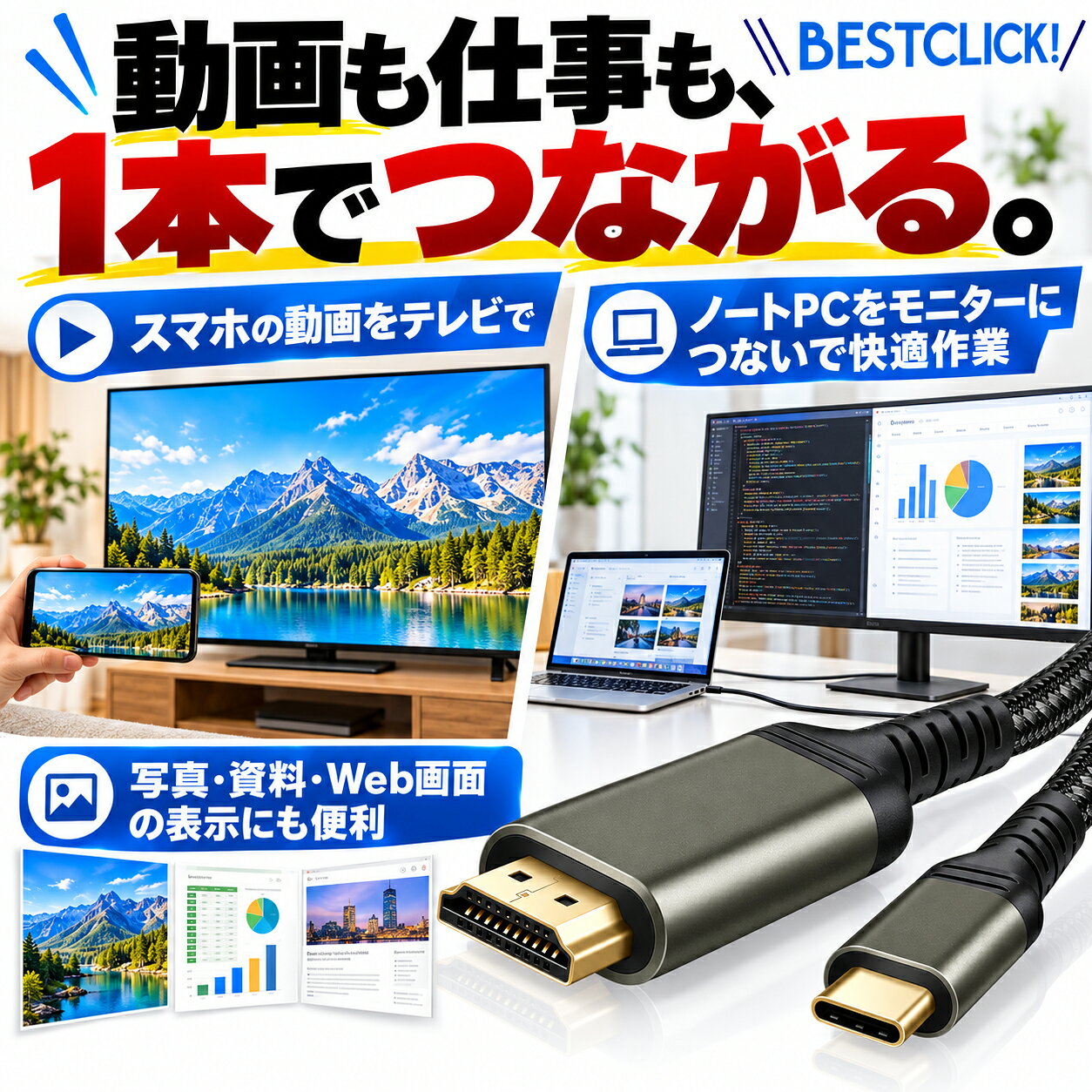楽天1位獲得 タイプC HDMI ケーブル 0.5m/1m/2m/3m 1年保証 【最大4K60Hz/30Hz対応...