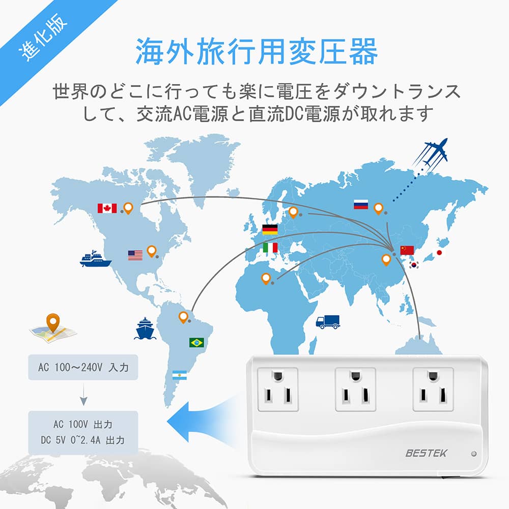 海外旅行用変圧器 変換プラグ付き 海外旅行用変圧器 変圧機能搭載 変圧器 延長コンセント 海外対応 コンパクトサイズ USB 充電器 MRJ201GU BESTEK