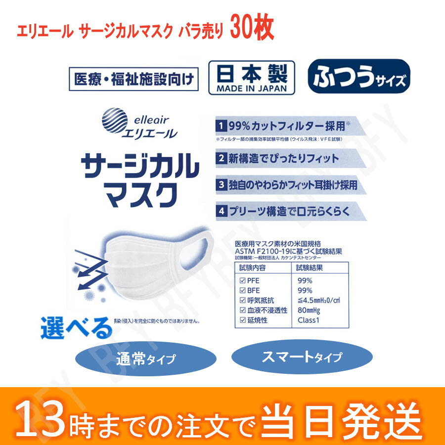 日本製マスク 大王製紙 エリエール サージカルマスク 小さめサイズ 30枚入 旧ハイパーブロックマスク小さめ メール便送料無料 病院 施設用 介護用品 旧名称ハイパーブロックマスク ウイルス飛沫ブロック