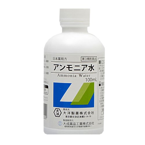 商品情報■　使用上の注意■■■してはいけないこと■■■ (守らないと現在の症状が悪化したり副作用が起こりやすくなる) ■次の部位には使用しないこと 1)口唇等の粘膜の部分、目や目のまわり 2)傷のある所(虫さされによる刺傷は除く) 3)ただれたり、かぶれている所 ■■■相談すること■■■ 1.次の人は使用前に医師又は薬剤師に相談すること 1)医師の治療を受けている人。 2)本人又は家族がアレルギー体質の人。 3)薬によりアレルギー症状を起こしたことがある人。 4)湿潤やただれのひどい人。 2.次の場合は、直ちに使用を中止し、この製品を持って医師又は薬剤師に相談する こと 1)使用後に、次の症状があらわれた場合 〔関係部位〕 皮ふ 〔症状〕 発疹・発赤、かゆみ 2)5〜6日間使用しても症状がよくならない場合。 ■　効能・効果虫さされ、虫さされによるかゆみ、気付け ■　用法・用量5〜10倍に希釈して患部に軽く塗る。 気付けには、かるく臭いをかがせる。 1)局所刺激作用があるので、患部に軽く塗るだけにとどめ、ガーゼ、脱脂綿等に浸して患部に貼付しないこと。 2)小児に使用する場合には、特に注意し、保護者の指導監督のもとに使用すること。 3)目に入らないように注意すること。万一、目に入った場合は、すぐに水またはぬるま湯で洗い流し、直ちに眼科医の診療を受けること。 4)外用にのみ使用すること。 ■　成分・分量アンモニア(NH3)9.5〜10.5w/v%を含有する。 ■　保管及び取扱いの注意1)直射日光の当たらない涼しい場所(30℃以下)に保管すること。 2)揮発性であるので、使用後は、密栓すること。 3)小児の手が届かないところに保管すること。 4)他の容器に入れかえないこと。(誤用の原因になったり、品質が変わる。) ■　お問い合わせ先製造販売元 大洋薬品株式会社 東京都文京区本郷3-14-16 大洋製薬お客様相談窓口 0120-184328 午前10時〜午後5時(土・日曜、祝祭日は除く) 副作用被害救済制度 0120-149-931 製造販売元 大成薬品工業株式会社 福岡県筑後市大字熊野字屋敷998-1 ■　【広告文責】 会社名：株式会社イチワタ 　ドラッグイチワタ皆野バイパス店　ベストHBI TEL：0494-26-5213 区分：第3類医薬品 メーカー：大洋製薬[医薬品・医薬部外品][皮膚薬][消毒][第3類医薬品][JAN: 4975175011020]　