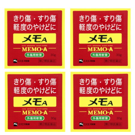 商品説明■　特徴外傷用軟膏 ●メモAは、殺菌剤、傷の痛みをしずめる局所麻酔剤、傷の治りをはやめる成分などを配合したなめらかで伸びのよい軟膏です。 ●有効成分が、きり傷、すり傷、やけどなどにすぐれた効果をあらわします。 ●ご家庭の常備薬として、またスポーツ時や旅行の際の携帯薬としてご使用いただけます。■　効能・効果○きり傷、すり傷、さし傷、かき傷、靴ずれ ○軽度のやけど ○創傷面の殺菌・消毒■　内容成分・成分量1g中 成分・・・分量 クロルヘキシジングルコン酸塩液・・・10mg ジブカイン塩酸塩・・・3mg アラントイン・・・10mg トコフェロール酢酸エステル（ビタミンE酢酸エステル）・・・1mg 酸化亜鉛・・・50mg 添加物：パラフィン、ワセリン、サラシミツロウ、トリオレイン酸ソルビタン、フェノール、チモール、香料■　使用方法1日数回、適量を患部に塗布してください。■　使用上の注意■相談すること ・次の人は使用前に医師、薬剤師又は登録販売者に相談してください。 (1)医師の治療を受けている人 (2)薬などによりアレルギー症状を起こしたことがある人 (3)患部が広範囲の人 (4)深い傷やひどいやけどの人 ・使用後、次の症状があらわれた場合は副作用の可能性があるので、直ちに使用を中止し、この説明書を持って医師、薬剤師又は登録販売者に相談してください。 (関係部位：症状) 皮膚：発疹・発赤、かゆみ ・5〜6日間使用しても症状がよくならない場合は使用を中止し、この説明書を持って医師、薬剤師又は登録販売者に相談してください。■　保管及び取り扱い上の注意・直射日光の当たらない涼しい所にフタをよくしめて保管してください。 ・小児の手の届かない所に保管してください。 ・他の容器に入れ替えないでください。(誤用の原因になったり品質が変わることがあります。) ・使用期限をすぎたものは使用しないでください。■　お問合せ先エスエス製薬 107-8589 東京都港区赤坂4-2-6 住友不動産新赤坂ビル 0120-028-193■　ご注意下さい■メール便発送の商品です■ こちらの商品はメール便で発送いたします。下記の内容をご確認下さい。 ・郵便受けへの投函にてお届けとなります。 ・代引きでのお届けはできません。 ・代金引換決済でご注文の場合はキャンセルとさせて頂きます。 ・配達日時の指定ができません。 ・紛失や破損時の補償はありません。 ・ご注文数が多い場合など、通常便でのお届けとなることがあります。 ご了承の上、ご注文下さい。■　【広告文責】 会社名：株式会社イチワタ 　ドラッグイチワタ皆野バイパス店　ベストHBI TEL：0494-26-5213 区分：日本製・第2類医薬品 メーカー：エスエス製薬[医薬品・医薬部外品][皮膚薬][傷薬][第2類医薬品][JAN: 4987300030226]