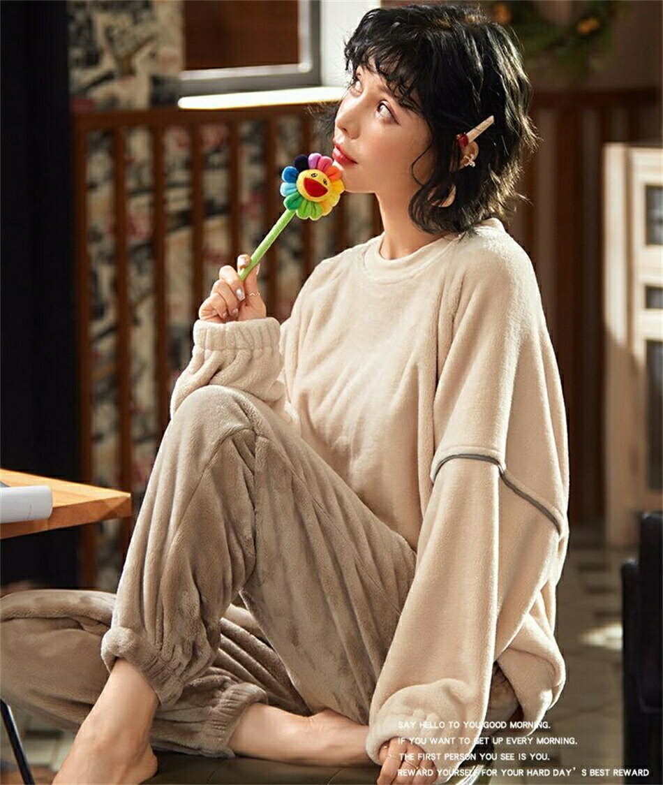 パジャマカップル レディースルームウェア ペアルック レディース/メンズもこもこ上下セット着る毛布 かわいい ガウン 柔らか ふわふわ 裏起毛 冬部屋着 ナイトウェア 寝巻き 無地 シンプル 防寒 カジュアル ギフト結婚祝い 長袖ベージュ