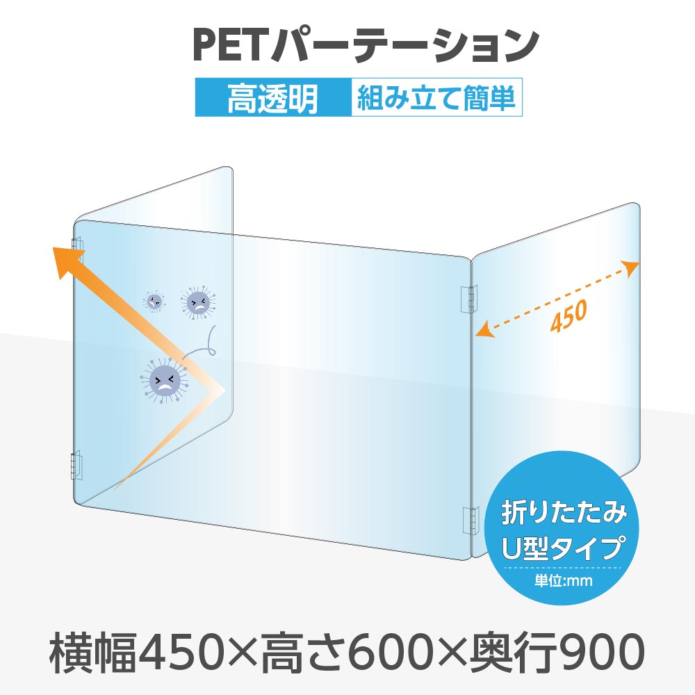 U字型 透明 PETパーテーション 横幅450mm×高さ600mm×奥行900mm 板厚2mm 折り畳み 3面タイプ コの字 透明パーテーション 仕切り板 卓上 受付 衝立 間仕切り 飲食店 オフィス 会社 学校 pet2-u6090