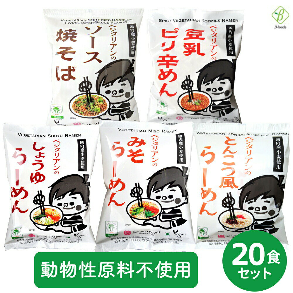 【訳あり】 アウトレット 賞味期限2024年07月15日以降 桜井食品 ベジタリアンラーメン20食セット（5種×4食） ヴィーガン 動物性原材料不使用 国内産小麦 かんすい不使用 添加物不使用 化学調味料不使用 送料無料 箱買い 詰め合わせ