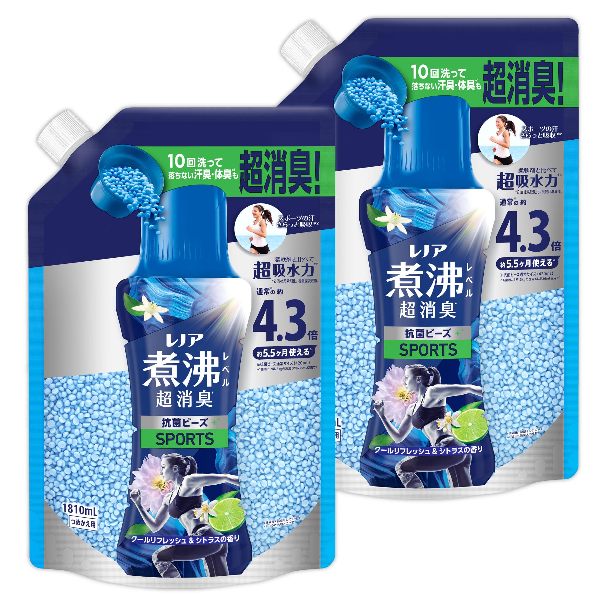 乐天商城 - P&G レノア 煮沸レベル超消臭 抗菌ビーズ SPORTS クールリフレッシュ&シトラスの香り 詰め替え 1810mL×2袋 [大容量]【まとめ買い】 SPORTS 詰め替え 1,810mL×2袋
