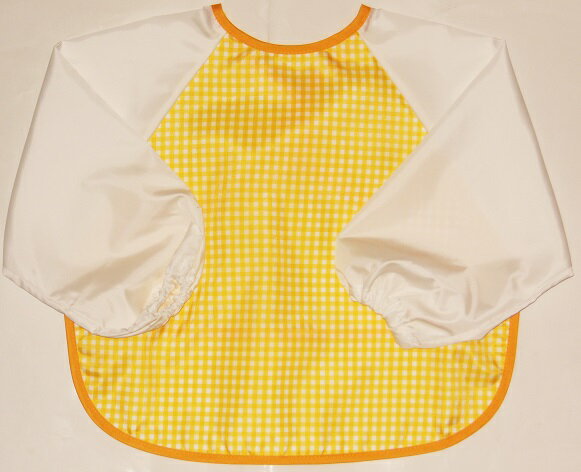 長袖 お食事エプロン 保育園 ベビー［中格子 イエロー} 立体ポケット］