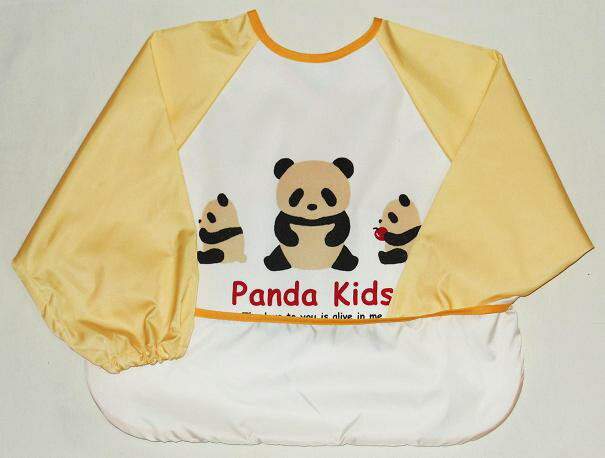 長袖 お食事エプロン［立体ポケット］パンダキッズ柄クリーム　　保育園　ベビー