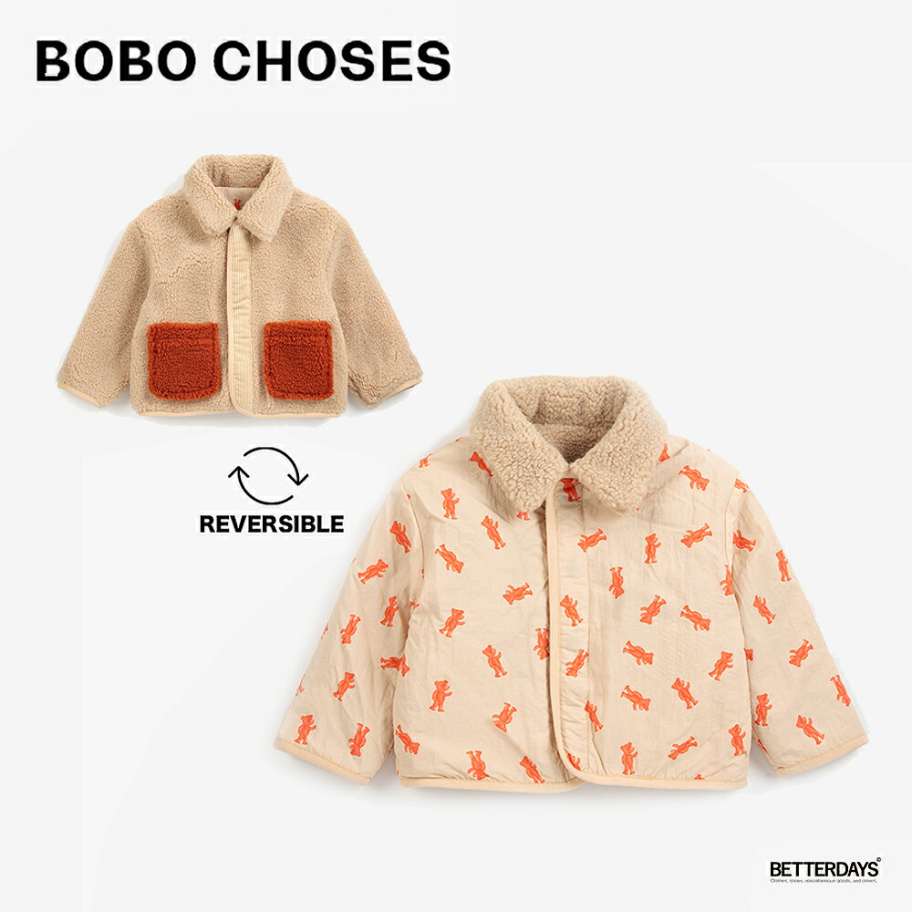 商品について BOBO CHOSESベビーのリバーシブルアウタージャケット。 プリントされた可愛らしいクマの絵柄がちりばめられた面と、もこもこのボルドー面で2倍楽しめる一着です。 原産国 中国 素材 100% Recycled Polyamide, 100% Recycled Polyester サイズ 12Months(約80cm相当) 18Months(約86cm相当) 24Months(約92cm相当) カラー 681:LIGHT PINK サスティナブル活動 BOBO CHOSES はオーガニックコットンや再生可能なポリエステルなど 地球環境に配慮した素材を使用しています。 また、地産地消の社会を作るため地元の工場と手を取り、 製品のほとんどをスペイン・ポルトガルで生産しています。 BOBO CHOSES / ボボショーズについて Bobo Choses/ボボ・ショーズは2008年にスペイン・バルセロナで誕生したブランドです。 製品のほとんどをスペイン・ポルトガルの地中海にほど近い工場で生産されており、高い品質を保持するだけでなく、子供たちのクリエイティブな想像力を刺激するようなデザインを得意としています。近年人気が高まっている注目のブランドです。 関連ワード ●商品名：BOBO CHOSES ボボショーズ ボボショース アウター　ジャケット リバーシブル ●用途：普段使い カジュアル シンプル お出かけ 贈り物 誕生日 御祝い プレゼント ギフト ●対象:ユニセックス 男女兼用 子供用 子供服 ベビー キッズ トドラー ジュニア ボーイズ 男子 男の子 ガールズ 女子 女の子