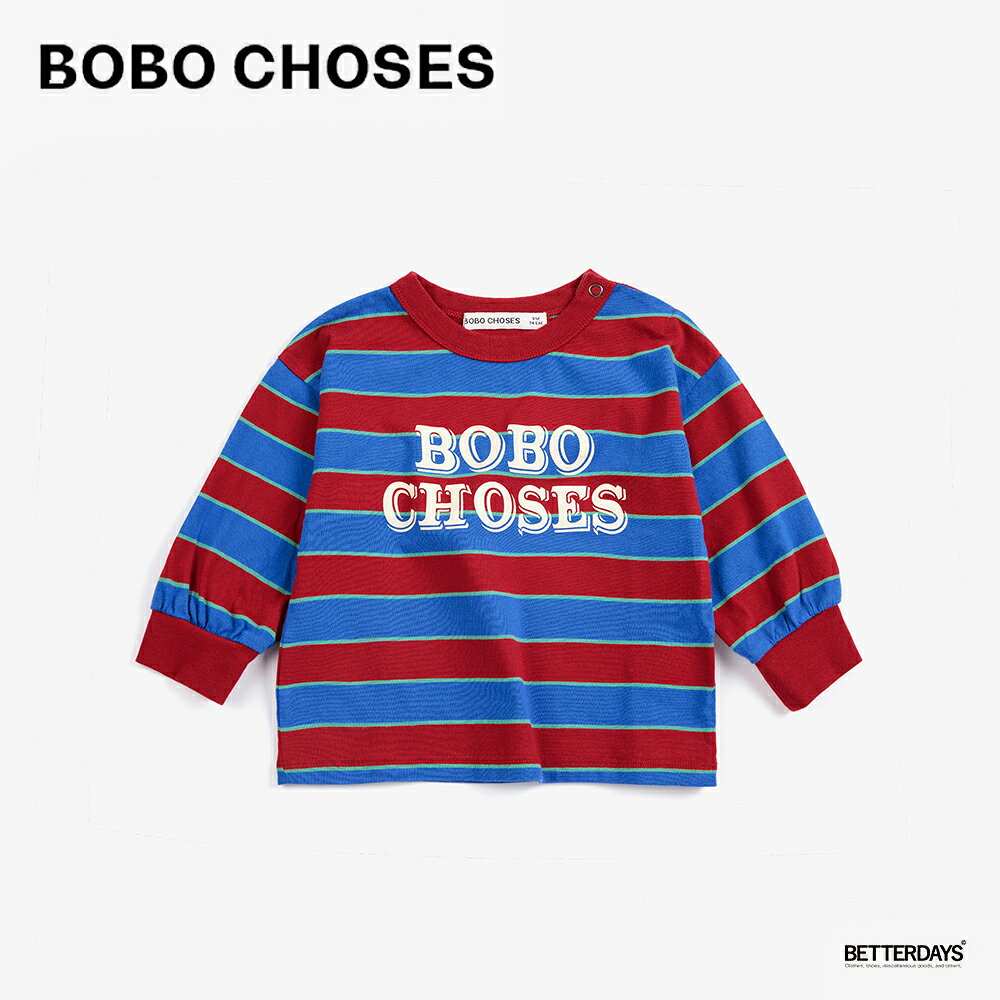 商品について レッド×ブルーのボーダー柄と前面のBobo Chosesロゴが特徴的なロンT。 エンボス加工が施されているため、高級感も感じられる魅力的な一着となっております。 原産国 ポルトガル 素材 100% Cotton サイズ 9Months(約74cm相当) 12Months(約80cm相当) 18Months(約86cm相当) 24Months(約92cm相当) カラー 991:マルチカラー サスティナブル活動 BOBO CHOSES はオーガニックコットンや再生可能なポリエステルなど 地球環境に配慮した素材を使用しています。 また、地産地消の社会を作るため地元の工場と手を取り、 製品のほとんどをスペイン・ポルトガルで生産しています。 BOBO CHOSES / ボボショーズについて Bobo Choses/ボボ・ショーズは2008年にスペイン・バルセロナで誕生したブランドです。 製品のほとんどをスペイン・ポルトガルの地中海にほど近い工場で生産されており、高い品質を保持するだけでなく、子供たちのクリエイティブな想像力を刺激するようなデザインを得意としています。近年人気が高まっている注目のブランドです。 関連ワード ●商品名：BOBO CHOSES ボボショーズ ボボショース トップス　Tシャツ　ロンT　アヒル　ダック ●用途：普段使い カジュアル シンプル お出かけ 贈り物 誕生日 御祝い プレゼント ギフト ●対象:ユニセックス 男女兼用 子供用 子供服 ベビー キッズ トドラー ジュニア ボーイズ 男子 男の子 ガールズ 女子 女の子
