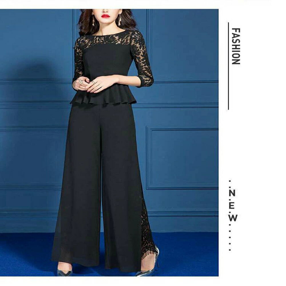 パンツ 上品 20代 30代 黒 4L ドレス 韓国風 ペプラム 結婚式 お呼ばれ レディース トップス 40代 パーティードレス かっこいい 3L きれいめ 七分袖 大きいサイズ セットアップ シースルー 袖あり ワイドパンツ パンツドレス レース
