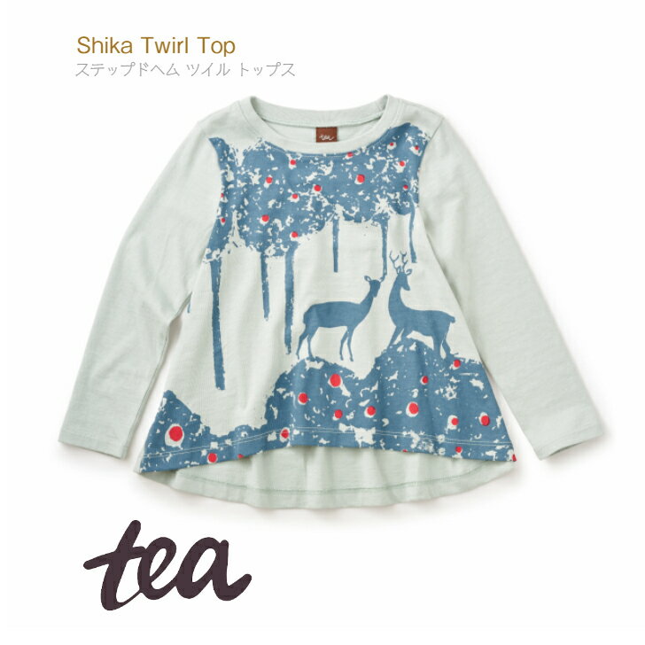 【Tea Collection】 ステップドヘム ツイル トップス 長袖 シカ チュニック Tシャツ グリーン ディール Shika Twirl Top 緑 動物 トップス ワンピース シャツ 袖 80 90 100 1歳 2歳 3歳 ティー…