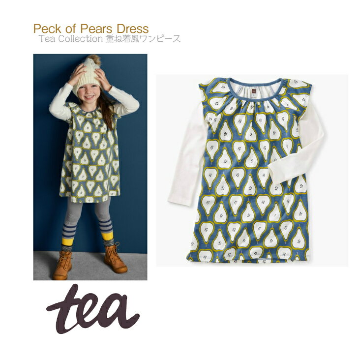 ティーコレクション Pear Dress 5Y 110cm 長袖 4歳 5歳 チュニック Aライン ワンピース ◆ ドレス フルーツ 白 ホワイト グリーン