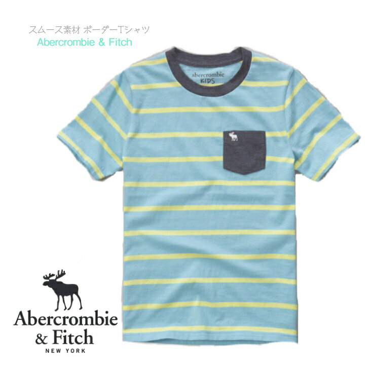 【Abercrombie Fitch】ボーダーTシャツ スムース素材 半袖 ブルー × グリーン ◆ ポケット ムース刺繍 人気 キッズ 子ども シカ 男の子 キッズ 子ども ボーイズ 3歳 4歳 アバクロ アバクロンビー フィッチ カジュアル インポート 海外 おしゃれ 服 春 夏 正規品