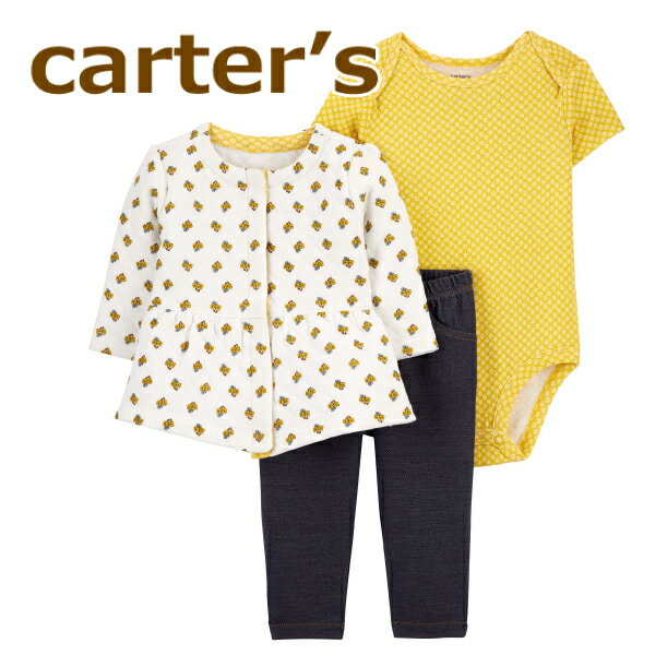 カーターズ carter s 正規品 長袖ジャケット+半袖ボディスーツ+レギンスの3点セット☆黄色花柄☆カーディガン セットアップ