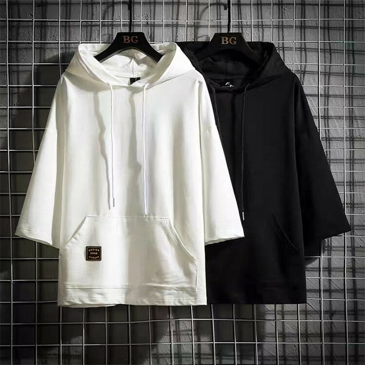 パーカー Tシャツ メンズ 七分袖 プルオーバー スポーツ tシャツ トップス 半袖パーカー カジュアル 大きいサイズ プルパーカー サマーパーカー フード付き Tシャツ ロンT ゆったり 個性的 無地 運動会 春物 夏服 秋服 父の日 M L XL 2XL 3XL 4XL 5XL