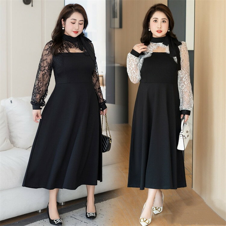 4XL-8XL パーティードレス 大きいサイズ レディース レース ワンピース おしゃれ 長袖 ロング ひざ下 きれいめ 切り替え フォーマルワンピース ドレス セレモニー 入学式 ママスーツ 入園式 卒園式 卒業式 七五三 フォーマル 母 ママ 黒 Aライン 結婚式 ストレッチ