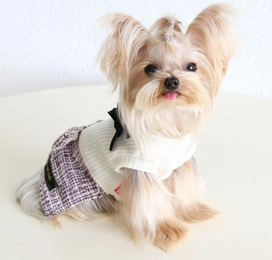 超!可愛い 冬 犬服 小型犬服 冬 ワンピース ツイード風 リボン お出かけ おしゃれ 上品 ワンピ スカート かわいい お揃いコーデ ガーリー 夏シャツ パピー ワンちゃん 犬用品 犬洋服 猫服 女の子【a407】 2