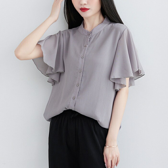 Short Sleeves - 全14色！ブラウス レディース 半袖 シフォン シャツ トップス フリル袖 tシャツ 無地 前開き ゆったり カジュアル クルーネック 通勤 オフィス 体型カバー 女性らしい 春 夏 きれいめ M-XL