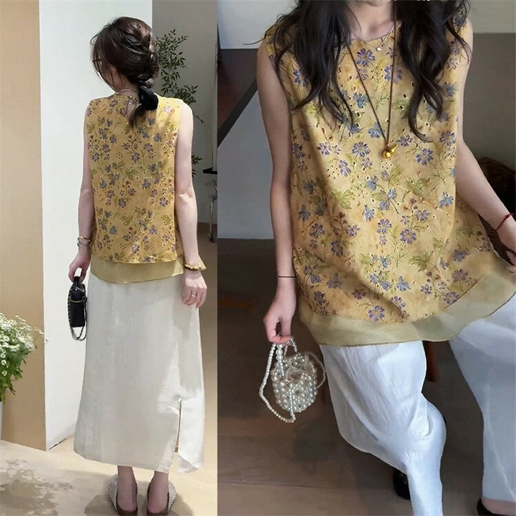 シャツ レディース 夏 ノースリーブ タンクトップ インナー 花柄 ゆったり トップス 透かし彫り 大人 お洒落 おしゃれ 重ね着 着痩せ チュール きれいめ 中国風 シャツ レディース 夏 ノースリーブ タンクトップ インナー 花柄 ゆっ...