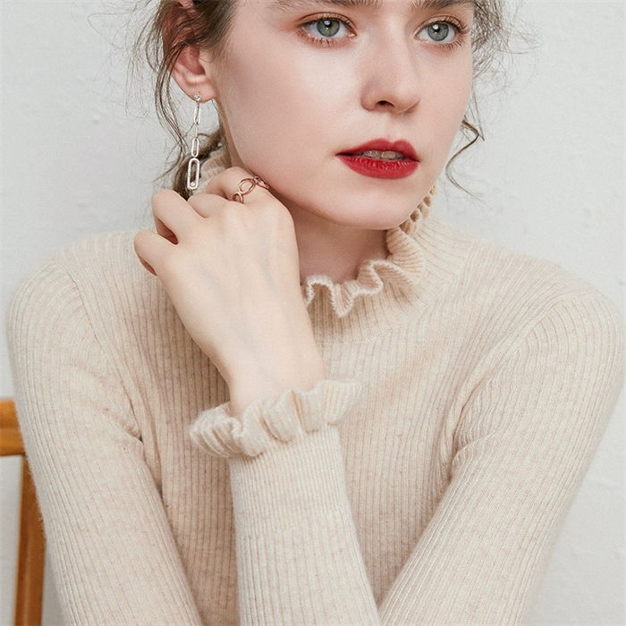 Turtleneck - ニット セーター レディース 秋 冬 無地 リブ編み フリル袖 襟 ハイネック インナー シルエット トップス カットソー 長袖 プルオーバー 厚手 シンプル コットン 大きいサイズ 春秋冬 プレゼント S/M/L/XL/XXL