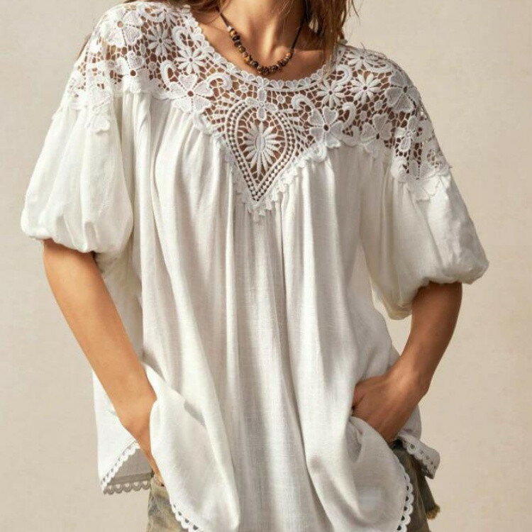 Rakuten - ブラウス レディース 半袖 夏 tシャツ レーストップス シャツ プルオーバー 透かし彫り シースルー 透け感 体型カバー 刺繍 ゆったり カジュアル 可愛い おしゃれ 春夏