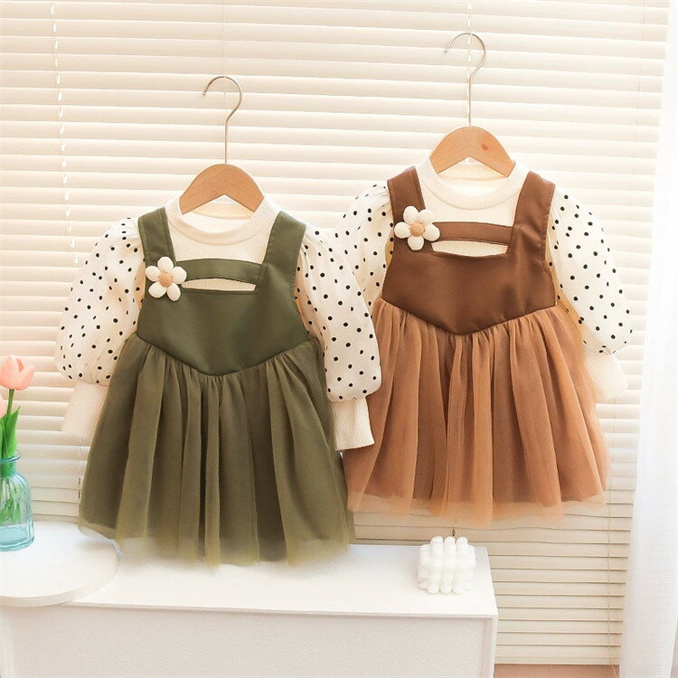 ベビー服 ワンピース チュールドレス 子供服 女の子 長袖 春服 秋服 発表会 ベビードレス 重ね着風 キッズドレス かわいい プリンセス風 柔らかい 赤ちゃん ドット柄 お誕生日 プレゼント 80cm 90cm 100cm 110cm