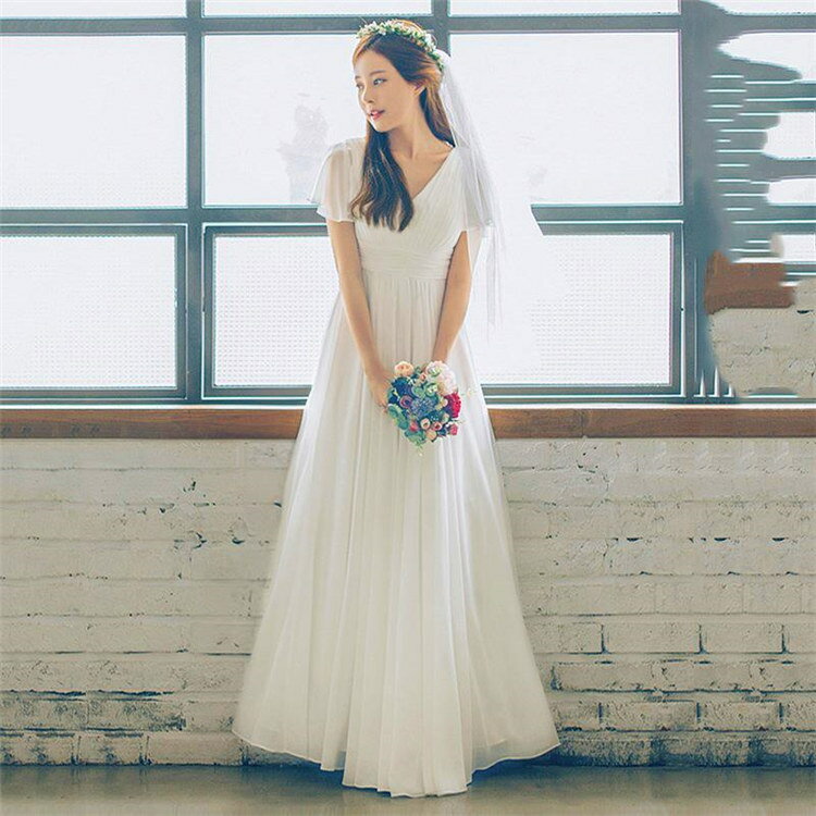 ウェディングドレス二次会パーティードレスVネックワンピースロングドレス上品花嫁ドレス刺繍ドレスお呼ばれ二次会ドレスピアノ会ハイウエスト着痩せ韓国マキシ二次会披露宴結婚式ロング丈オシャレ大きいサイズホワイト(4)