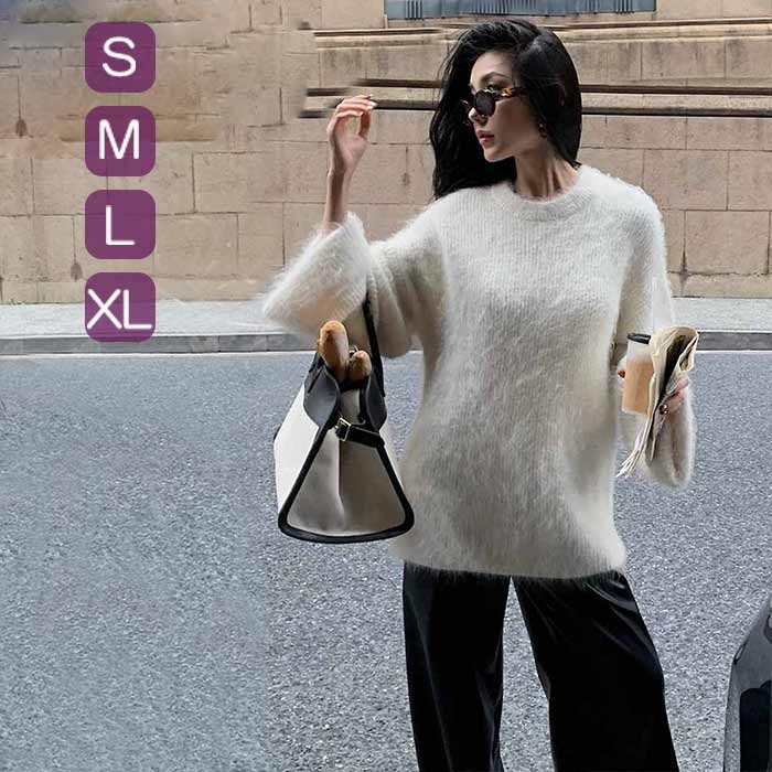 シャギーニットセーターレディース長袖ゆったり秋冬ニットトップスふわふわ暖かいシンプル無地大人可愛..