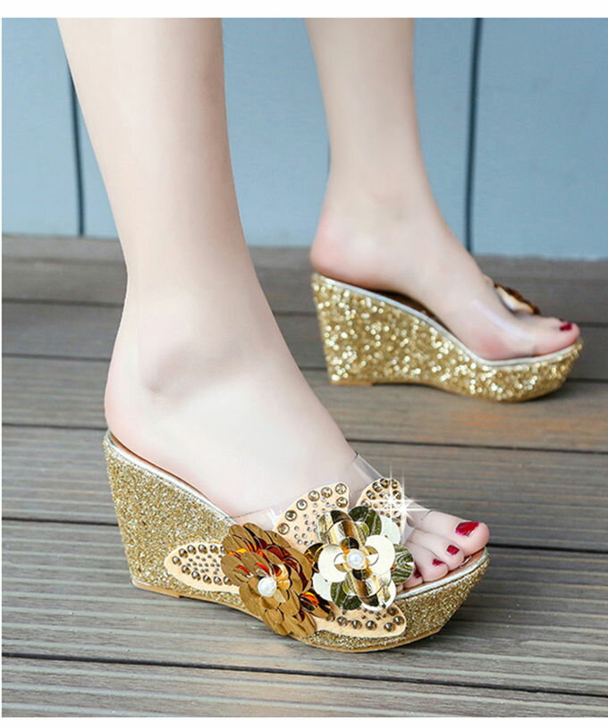 ミュールサンダルレディースウェッジソール厚底透明花柄スパンコール履きやすい歩きやすい疲れない8.5cm美脚おしゃれ春夏新作送料無料 3