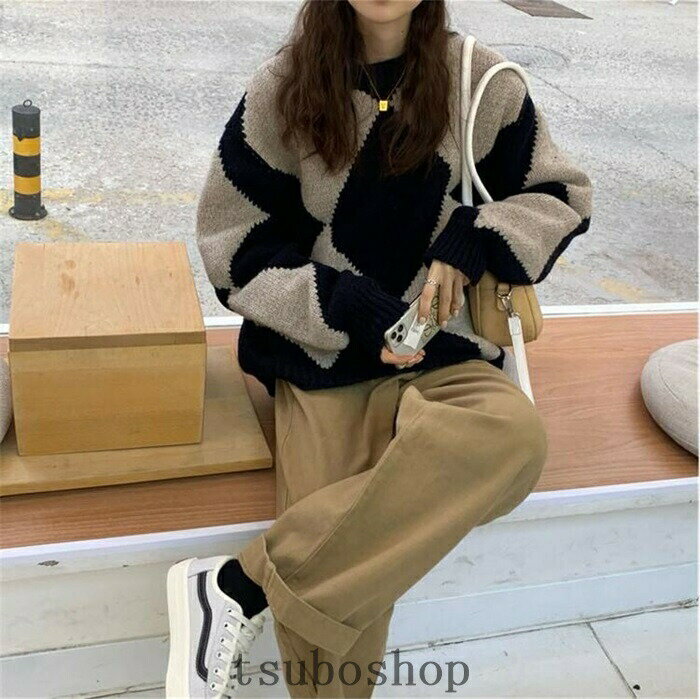 菱格麻ハイネックプルオーバーセーター女性厚手ゆったり気だるい風ボトムニット