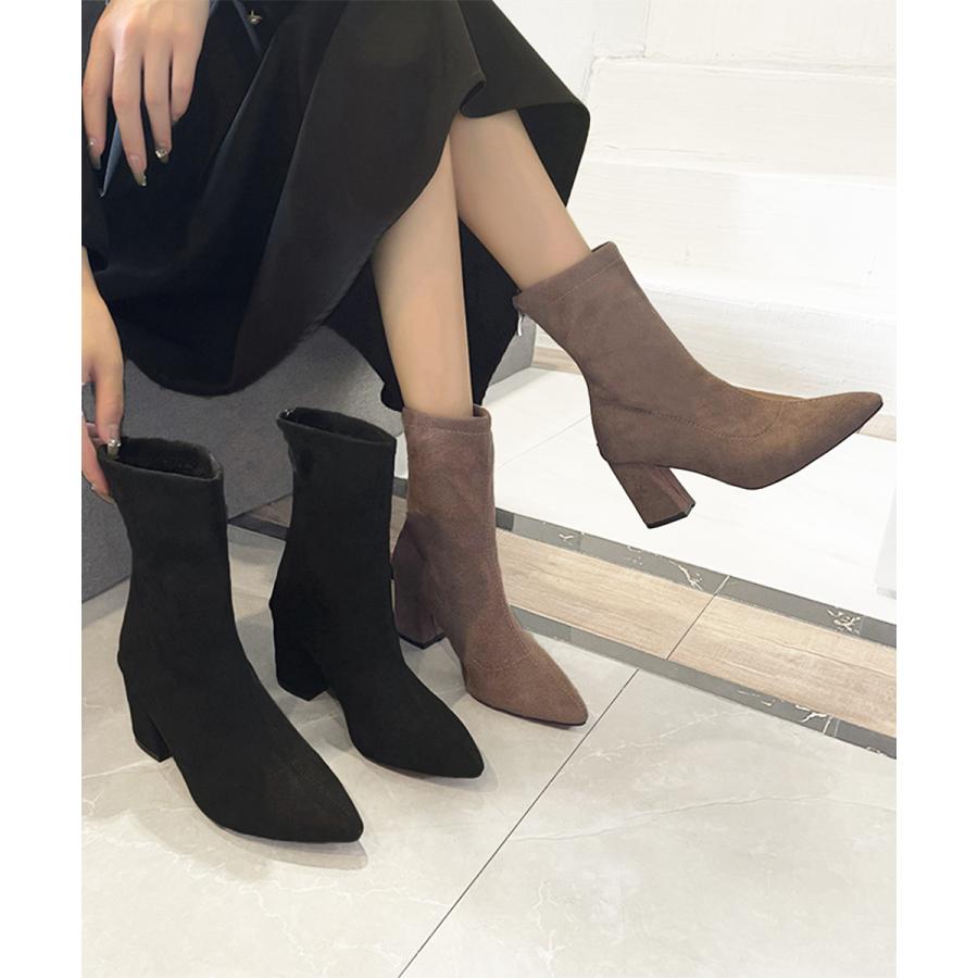 ショートブーツレディーススエード歩きやすい痛くないおしゃれ太ヒール黒ヒールブーティレディース靴