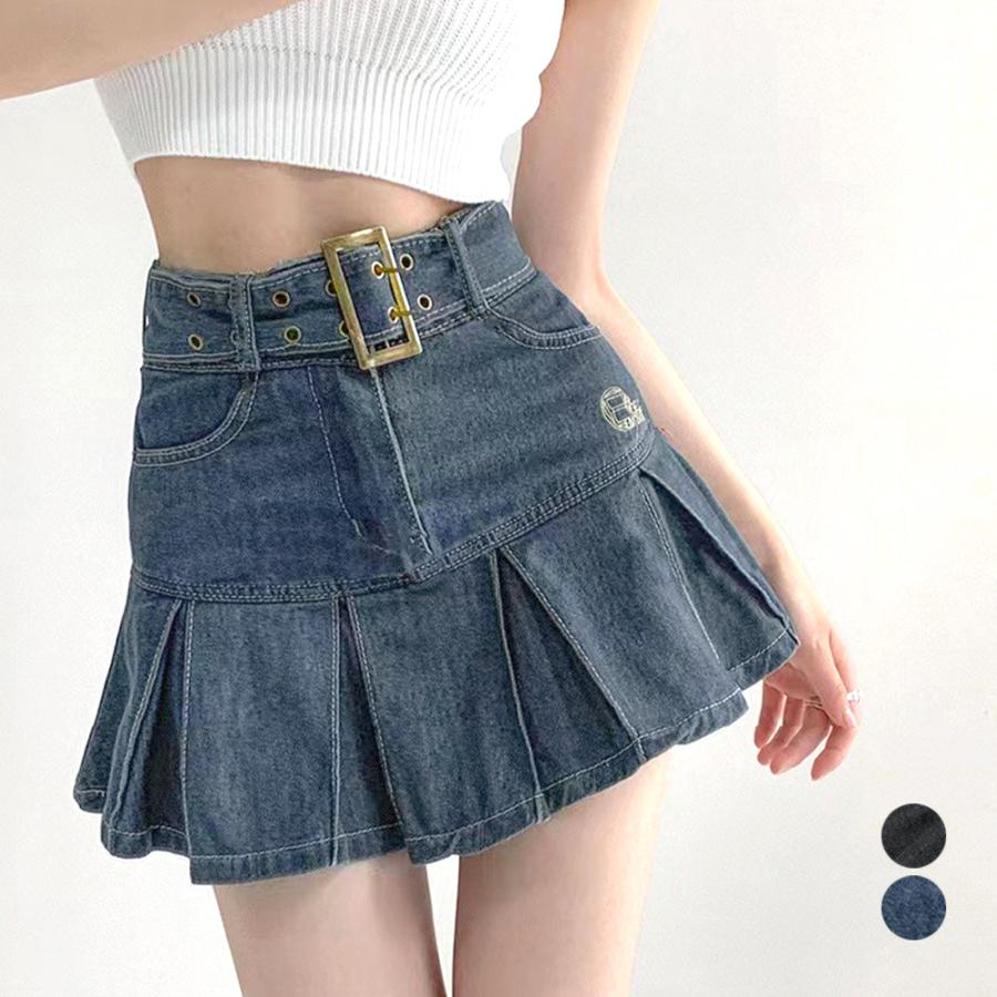 ミニデニムプリーツスカートベルト付きジャンパースカート