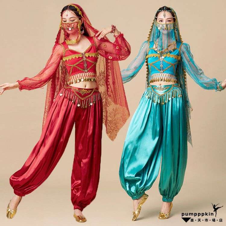 ベリーダンスダンス衣装セット大人レディースティアラベールアラジン仮装変装上下2点~7点セット長袖ト..