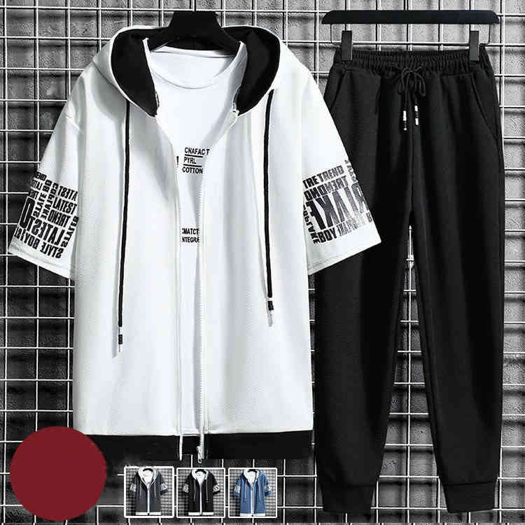 ジャージメンズランニングパーカー半袖上下セットトレーニングウェアセットアップロング丈パンツ