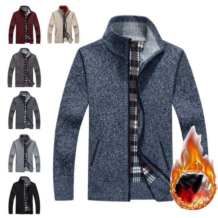 メンズジップアップアウター前開き厚手ゆったりカーディガン裹起毛ニットカーディガンビジネスニットニ..
