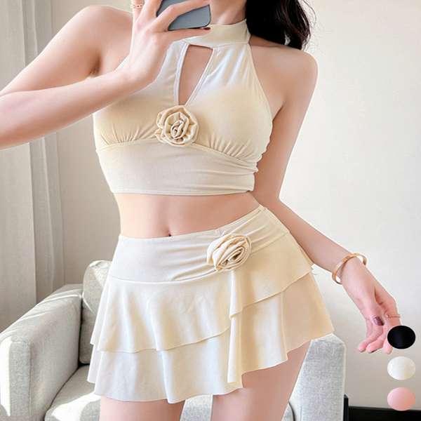 大人可愛いタンキニ ホルターネック水着 セクシーセパレート水着 海水浴ビスチェ水着スイムウェア バックシャン水着 ビーチスタイル水着 フリル水着スカート リゾート水着 温泉