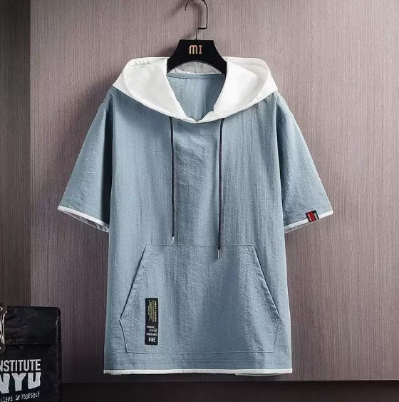 Rakuten - 送料無料 パーカー メンズ 半袖パーカー 半袖 パーカー レイヤード風 フード付きtシャツ プルオーバーパーカー 薄手 切り替え 夏服 冷感 トップス シンプル 夏 メンズ 夏用 ルームウェア 韓国 ファッション ブルー グレー