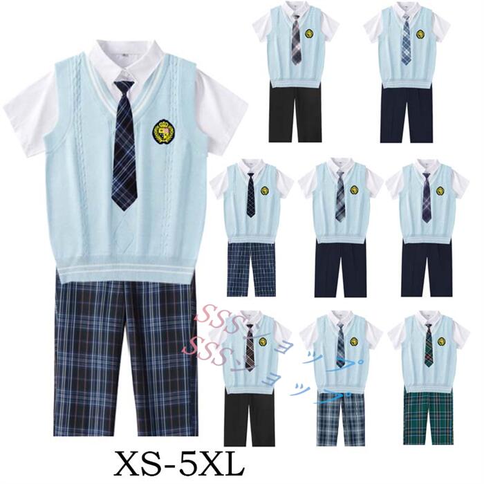 2025新作 dk 制服 5点セット ニットベスト半袖制服 男子ズボンセット 入学 高校 中学 学生服 なんちゃって制服 レディース 制服 セット 男子半袖制服セット カップルセットXS-5XL