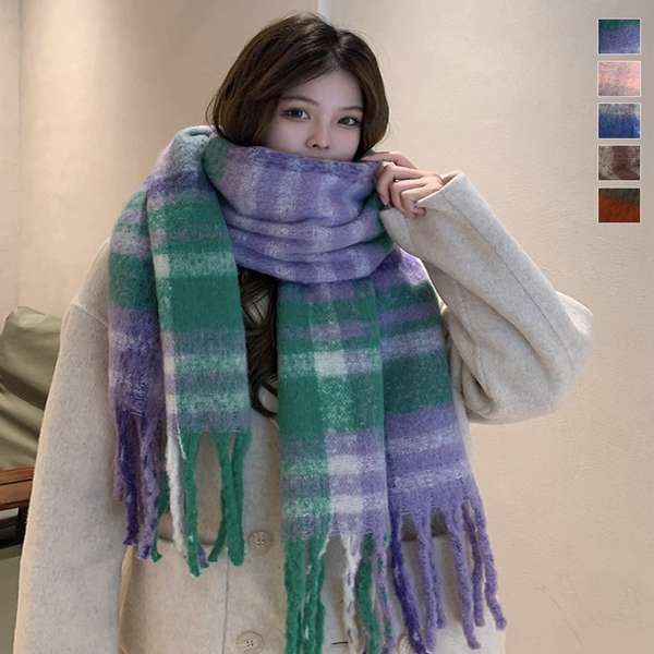 大判マフラー レディースストール 柔らかい 軽い 大判ストール もこもこ防寒保温マフラー フリンジ お出掛け 男女兼用 ユニセックス暖かい 両面チェック柄厚手 ネックウォーマー冬