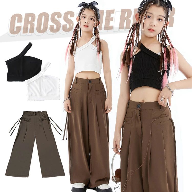 Rakuten - k-pop 衣装 ベスト 黒 セットアップ キッズ へそ出し トップス ダンス衣装 パンツ ヒップホップ ワイドパンツ ブラウン 韓国 長ズボン 袖なし 女の子 HIPHOP ジュニア 練習着 キッズ ダンス衣装 トップス 黒 kpop ステージ衣装 ジュニア 応援団 イベント 演出服 110 160cm