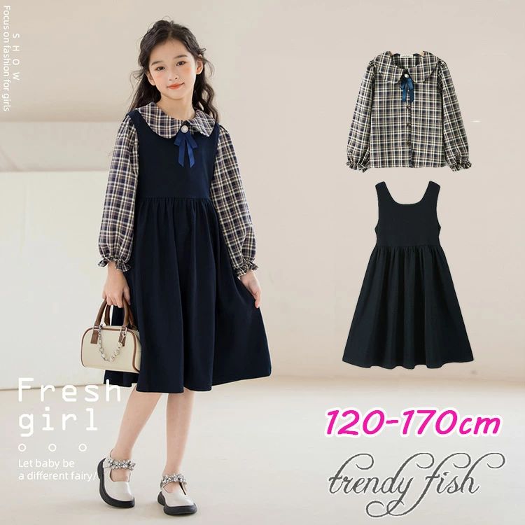 Suits, Tuxedos （Boys） - キッズ 発表会 ワンピース シンプル 長袖 女の子 フォーマル ワンピース 子供制服 セットアップ ジャンパー スカート 長袖シャツ キッズ ジュニアサイズ ネイビー チェック柄 洋服 中学受験 学校説明会 中学 受験 スーツ ピンタック 120 130 140 150 160 170 S M L