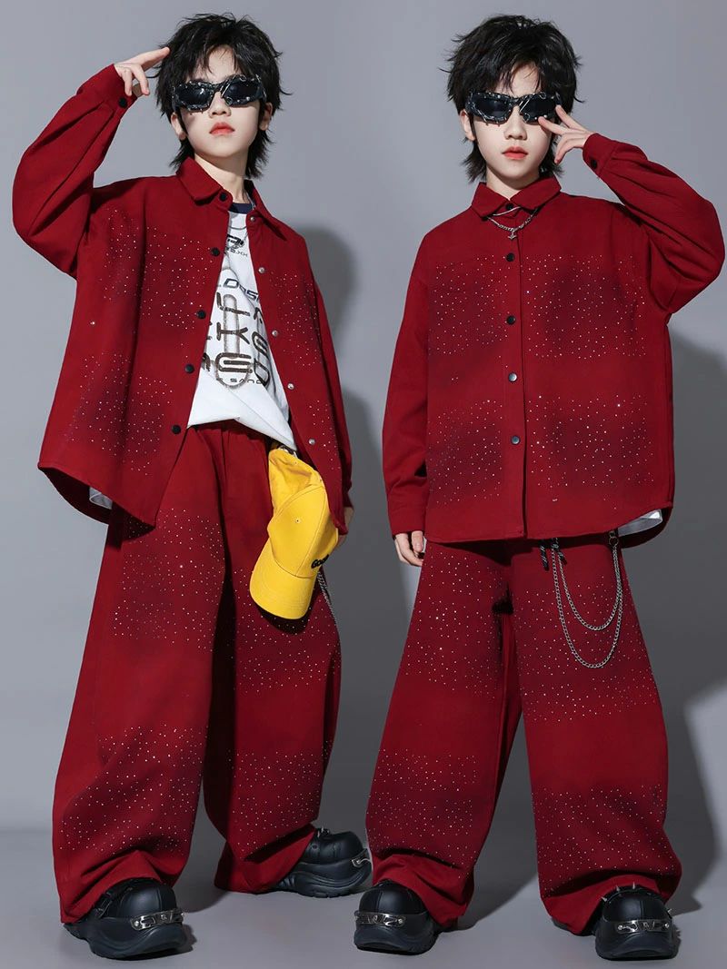 Beulah Fashionのラメ 赤 シャツ パンツ キッズ ダンス 衣装 セットアップ 赤 ジャケット パンツ 長袖 パーカー 上下セット キッズ ダンスウェア 発表会 レッド かっこいい ヒップホップ 赤 ワイドパンツ 女の子 男の子 hiphop ロックダンス おしゃれ 韓国子供服 k-pop 普段着 演出服 練習着｜アングル2