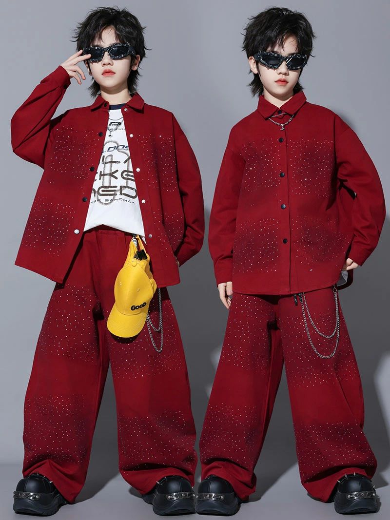 Beulah Fashionのラメ 赤 シャツ パンツ キッズ ダンス 衣装 セットアップ 赤 ジャケット パンツ 長袖 パーカー 上下セット キッズ ダンスウェア 発表会 レッド かっこいい ヒップホップ 赤 ワイドパンツ 女の子 男の子 hiphop ロックダンス おしゃれ 韓国子供服 k-pop 普段着 演出服 練習着｜アングル3