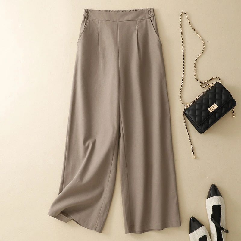 Cropped Pants - ワイドパンツ レディース 春夏 きれいめ ロング ボトムス ストレートパンツ ワイドパンツ ズボン ウエストゴム 体型カバー ゆったり イージーパンツ おしゃれ シンプル 楽ちん 着回し 通気性良い 20代 30代 40代 50代 60代