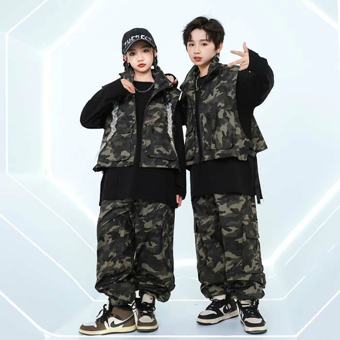 Rakuten - キッズ ダンス衣装 迷彩柄 セットアップ 男の子 女の子 ヒップホップ 長袖 Tシャツ ベスト カーゴパンツ 上下セット ヒップホップ ジャズダンス ダンス衣装 キッズ かっこいい hiphop 発表会 演出服 団体服 応援団 ストリート系 男の子 女の子 練習着 おしゃれ 110-180