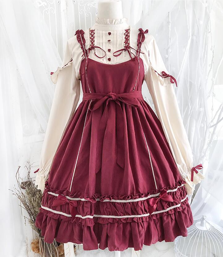 ロリータドレス JSKドレス+長袖シャツ 可愛いワンピース lolita 洋服 コスプレ衣装 髪飾り付き コスチュームワンピース 文化祭 学園際 3色 キャミソールドレス 長袖ブラウス リボン ワインレッド　ブラック ピンク S M L 2