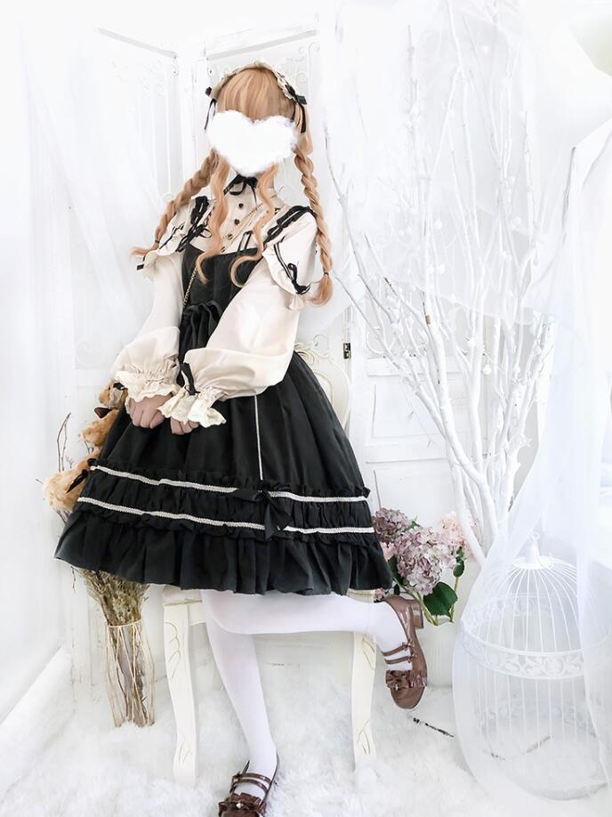 ロリータドレス JSKドレス+長袖シャツ 可愛いワンピース lolita 洋服 コスプレ衣装 髪飾り付き コスチュームワンピース 文化祭 学園際 3色 キャミソールドレス 長袖ブラウス リボン ワインレッド　ブラック ピンク S M L 3