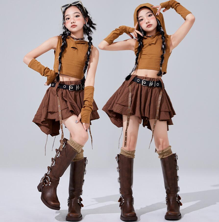 帽子付きシャツ 子供ダンス衣装 袖カバー プリンツスカート 女子ダンス衣装 チアガ...