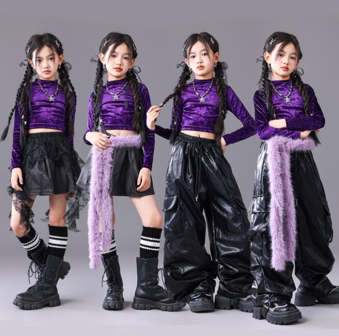 Rakuten - 子供ダンス衣装 紫トップス 長袖トップス へそ出し レザーパンツ ガーコパンツ　カート 女の子ステージ衣装　 レース腰巻き 練習着用服 ジャズダンス衣装 子供ヒップホップ 衣装 演出服 キッズ ジャズ ヒップホップ 演出服 子供 jazz hiphop チアダンス 演出服110-180CM