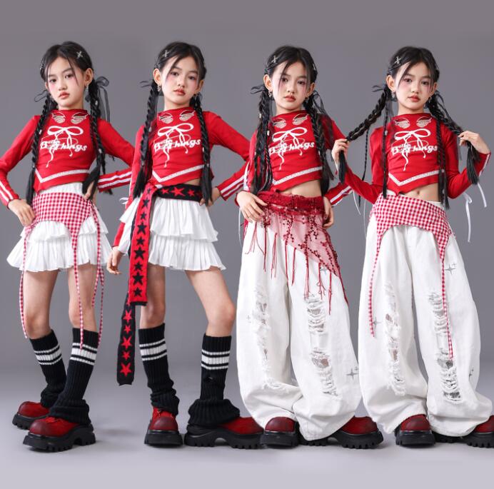 Rakuten - 子供ダンス衣装 赤トップス　長袖トップス へそ出し ガーコパンツ　白 腰カバー 女の子ステージ衣装　 レース腰巻き 練習着用服 ジャズダンス衣装 子供ヒップホップ 衣装 演出服 キッズ ジャズ ヒップホップ 演出服 子供 jazz hiphop チアダンス 演出服110-180CM